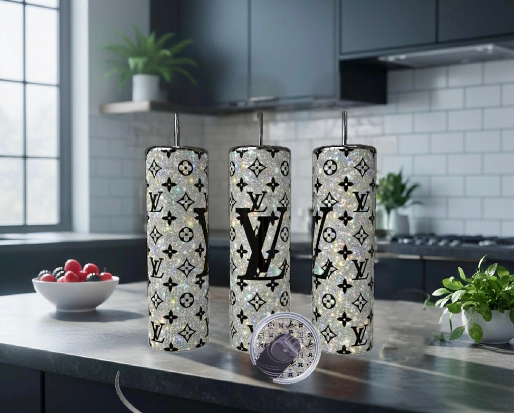 Silver Denim Luxe Skinny 20oz Stainless Steel Tumbler- with Matching Lid - Luxe Bundle