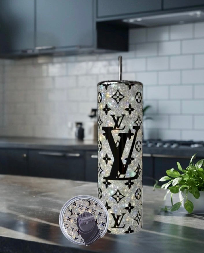 Silver Denim Luxe Skinny 20oz Stainless Steel Tumbler- with Matching Lid - Luxe Bundle