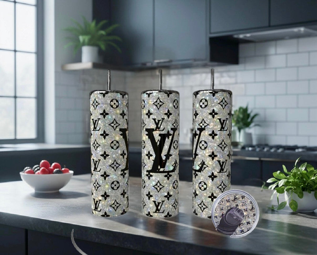 Silver Denim Luxe Skinny 20oz Stainless Steel Tumbler- with Matching Lid - Luxe Bundle